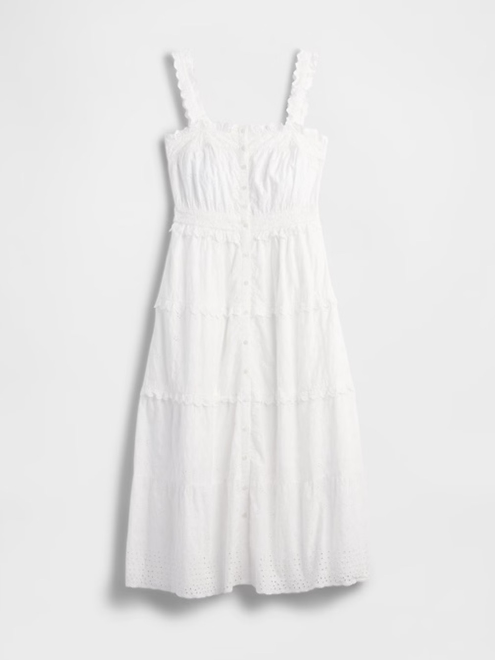 GAP x DÔEN White Eyelet Tiered Midi Dress with Scalloped Straps - Picture 4 of 11